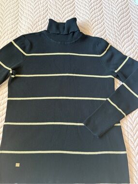 Lauren Ralph Lauren XL Black Gold Stripe Ribbed Turtleneck Cotton Modal Sweater